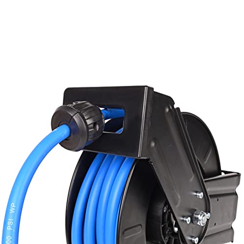 Aain AA039 Premium Heavy-Duty 3/8 in x 50 ft Air Hose Reel. Wall Mount, Retractable, 300 PSI Flexiable Hybrid Hose, black and blue