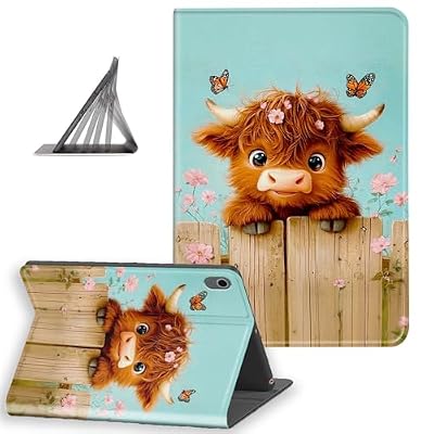DISUOFEART for Samsung Galaxy Tab S10 FE/ S9 FE/ S9 Case 10.9 Inch(2025/2023), Slim Leather Stand Cover with Auto Sleep/Wake & Multi-Angle Viewing, Highland Cow with Butterfly