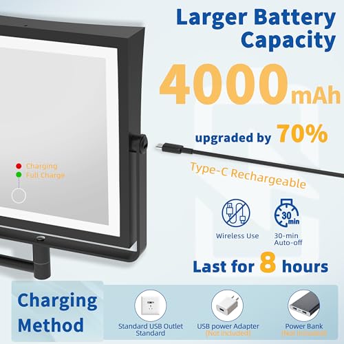 Ruacq Rechargeable Wall Mounted Makeup Mirror with Lights, Double Sided 1X/10X Magnifying Vanity Mirror with 3 Color Lighting, Touch Screen Dimmable, 360° Rotation Extension Foldable Arm(Matte Black) - Image 3