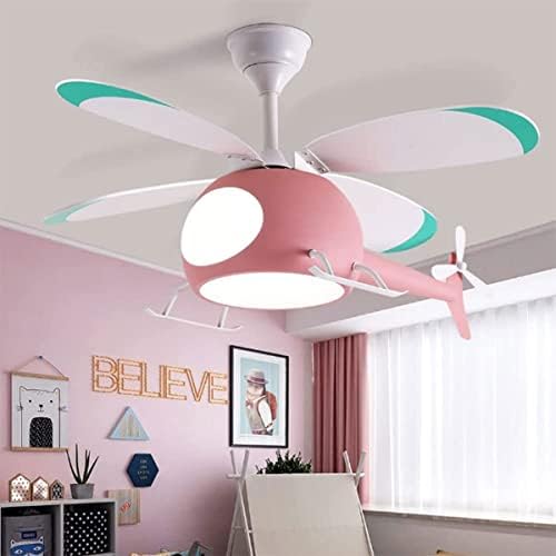 NIAOERFEN Ceiling Fan for Children's Bedroom,Aircraft Ceiling Fan Lamp Interior Decoration Helicopter Ceiling Fan,Girl Children's Gifts-Modern LED Pendant Lamp Multi Speed Timer Remote Control,Pink