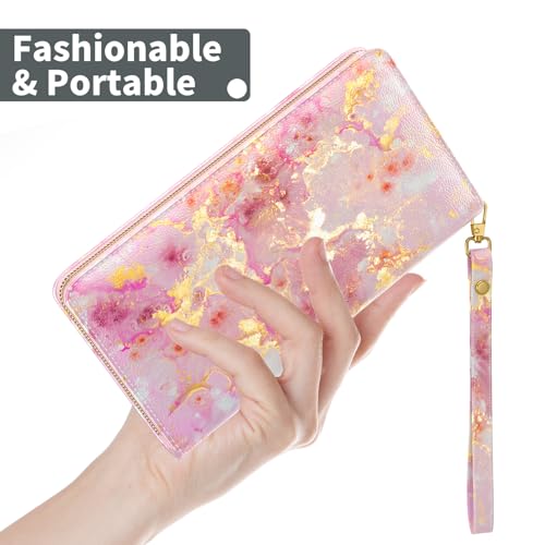 Image of Nipichsha Womens Wallet, RFID Wristlet Wallet for Women, Cute Ladies Purse, Large Card Clutch Purse with Phone Holder, Gold Pink Marble, 7.68 x 4.13 x 0.98 inch