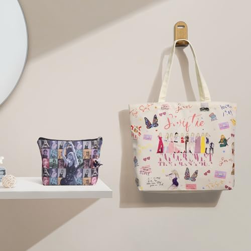 EKUJBIZX TS Canvas Tote Bag Set Reusable Shopping ToteBag Stylish Versatile, 1Pcs Cosmetic Bag 50Pcs SingerAlbum Stickers 2PCs Keychain 1PCS Tattoo