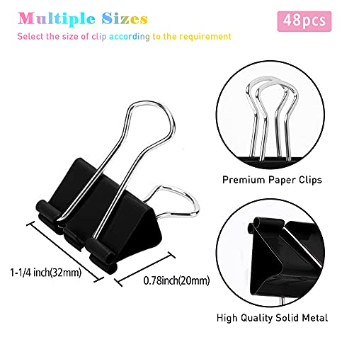 Medium Binder Clips, 48 Pack, 1-1/4 Inch, Black, Standard 32mm, Capacity 0.6 Inch, Metal Paper Clips, Office Clips, Fold Clamp, Office and School Supplies - Thumbnail 2