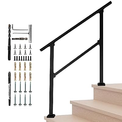 Belinova 3 Steps Handrails for Outdoor Steps, Outdoor Stair Railing, Wrought Iron handrail for Concrete&Wooden Steps, Black Stair Railing, Railings for Outdoor Steps, Porch Railing