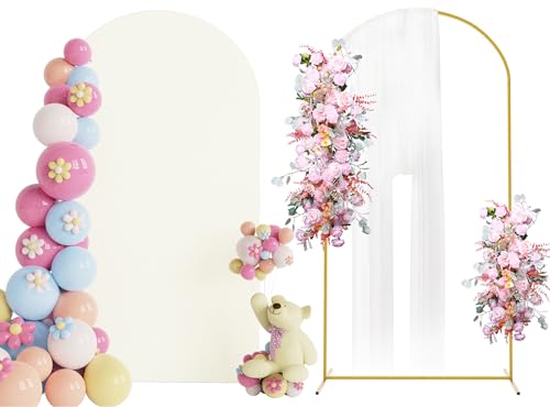 Putros 7.2ft Metal Arch Stand with Cover Ivory Spandex Fitted Wedding Arch Cover and Round Top Chiara Backdrop Stand Set for Birthday Party Baby Shower Decoration