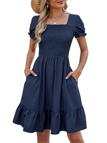 Image of Lyrur Women's Short Sleeve Summer Dresses 2026 Spring Casual Square Neck Easter Dress A-Line Tiered Sundress with Pockets