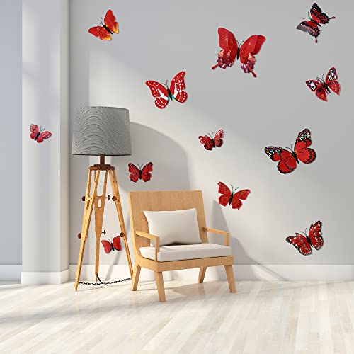 24Pcs Butterfly Wall Decals Removable 3D Butterflies Decor For Wall Sticker Mural Stickers Home Decoration Kids Room Bedroom Decor (Double Layer-Red/24Pcs) #TOP2