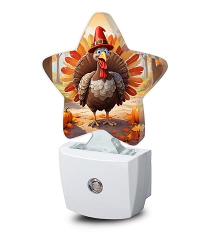 Image of Fall Autumn Turkey Dusk to Dawn Star Night Light,Thanksgiving Day Smart Sensor Nightlight for Bedroom Kitchen Hallway Stairs,Plug-in Energy Efficient Decor Desk Lamp Women Men Gifts
