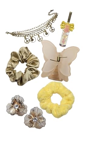 Image of Elevate your style with this charming beauty and accessories hamper featuring a dotted tie scrunchie, a minimalist bangle bracelet, a dazzling hair barrette, a set of versatile earrings, a delicate butterfly clip, and a shimmering lip product. This collection provides a range of fashionable accents for hair, jewelry, and makeup