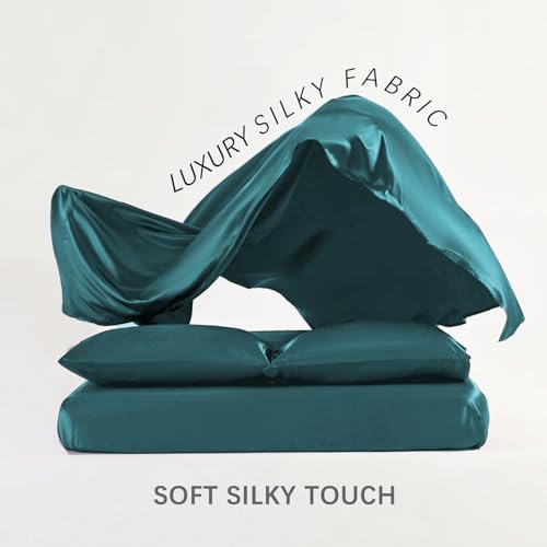 Image of Cloth Fusion Flat Satin Bedsheet Double Size 90x100 inch | Peacock Green, 2 Pillow Covers, 300 TC, Glossy Finish, Smooth on Hair and Skin, Gift for Couples, Wedding & Anniversary