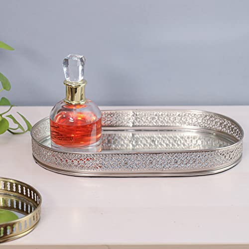 Image of Craft Brio -A TRENDY HANDICRAFTS Oval Glass Mirror Silver Plated Tray Decorative Vanity Perfume Storage Pooja Wedding Gifting Metal Laser Cutting Trays (28 X 16 cm)