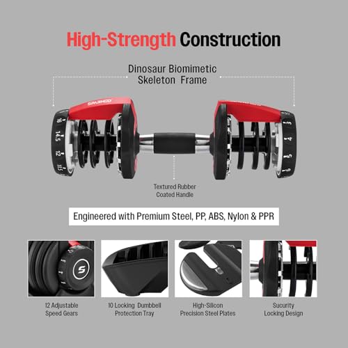 Image of Sparnod Fitness SAD-16 Adjustable Dumbbell 16kg, 12 Gear Quick Adjustment Digital Dial, High-Strength Steel, Nylon & Soft Rubber, 8 Safety Locks, Non-Slip Handle, Base Tray, Full-Body Strength Training