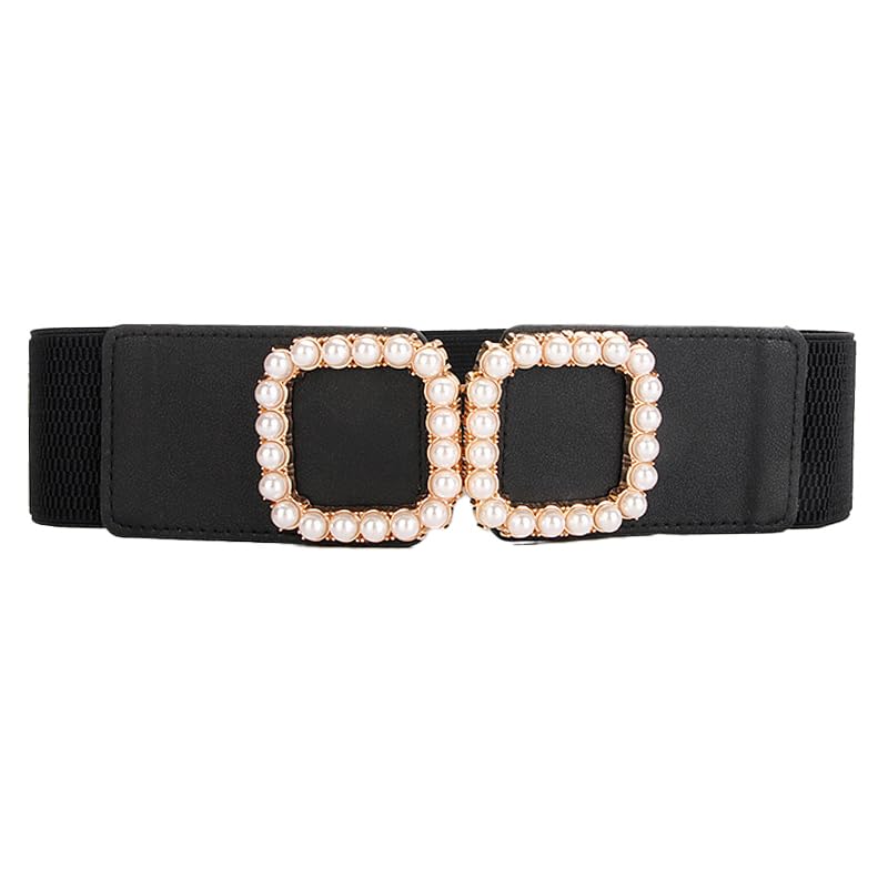 COTIM COYIN Women's Wide Elastic Waist Belt with Pearl Square Buckle