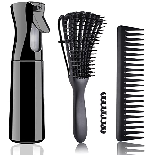 MRTREUP Hair Brush Spray Set With Detangling Wide Tooth Comb And Detanger Brush For Curly Hair With Hair Mist Spray Bottle 10oz Curl Hair Tools For Women Men Black Natural Hair 3a To 4c Hair Types