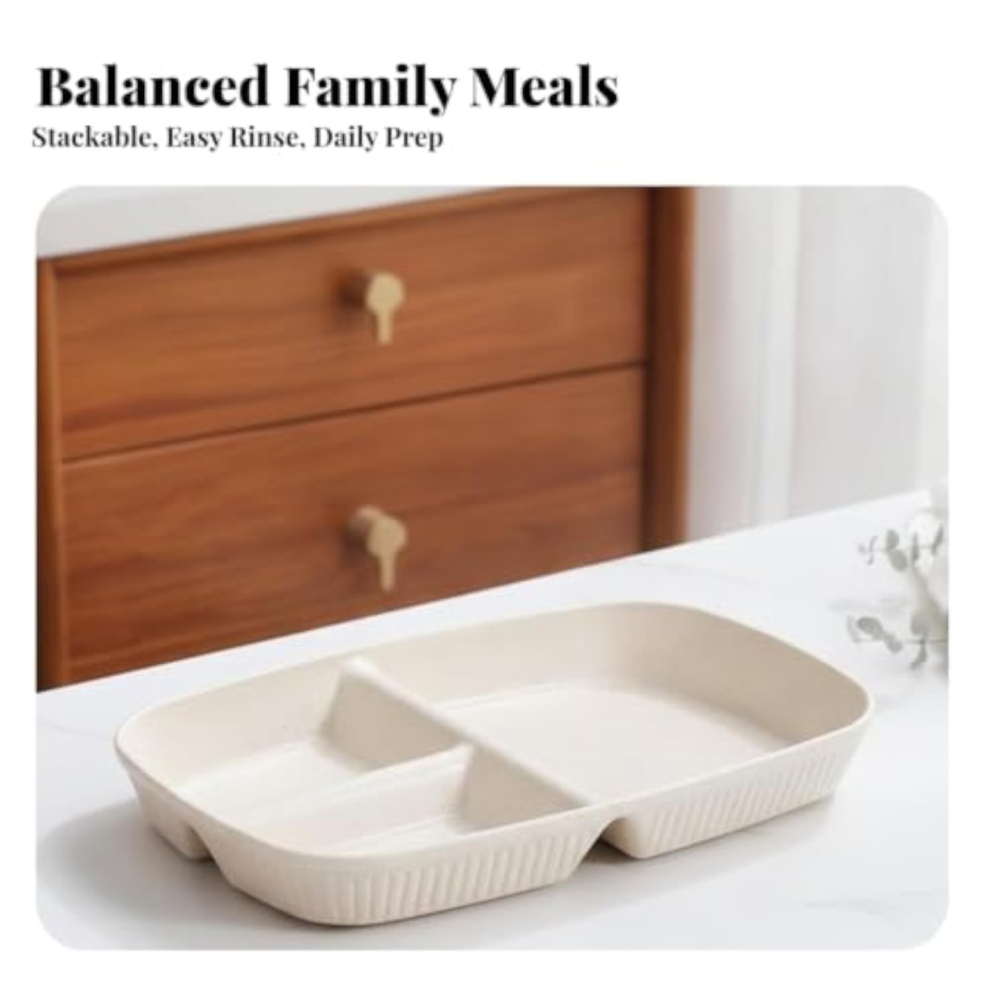 Rectangular Plate with Three Compartments Stackable Divided Plate