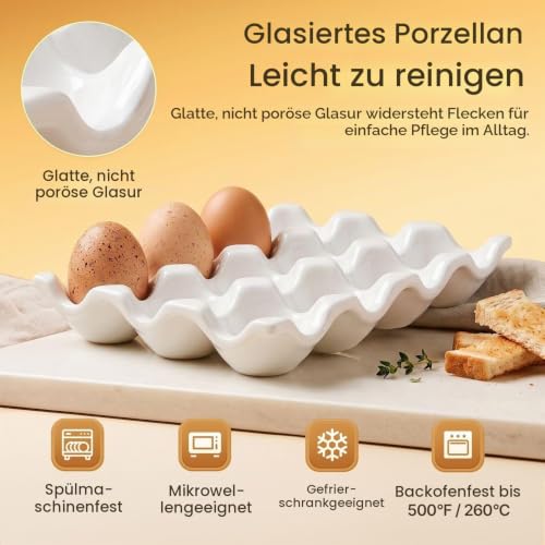 Flexzion 12 Eier Keramik Eierhalter, 12 Porzellan Eierablage Aufbewahrungsbox rutschfeste Eierplatte Eierhalter Eierträger Eierbox für… – Ansicht 4