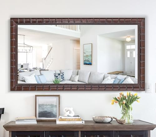 Image of Large Brozne Decorative Mirror for Living Room, 53'' x 29'' Antiuqe Dining Room Mirrors with Bamboo-Joint Frame, Classic Vintage Brozne Wooden Mirror for Entryway, Fireplace, Horizontal /Vertical