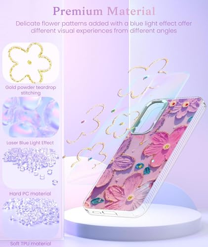 Image of Elzzi Compatible with Samsung S25 Ultra 5G Case Laser Flower Oil Painting Cute Colorful Blue Ray Bumper with Full Camera Protection Shockproof PC+TPU Glossy Shiny Cover for Girls Women,Pink & Purple