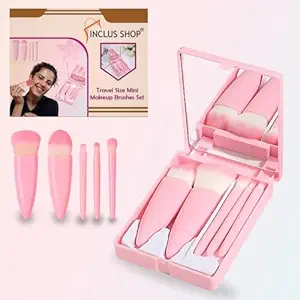 MR.KACHARIYA® Travel Size Mini Makeup Brushes Set with Mirror, Complete Function Cosmetic 5 Pcs Brushes Kit Case Apply to Face Foundation, Powder, Concealers, Eyebrow, Eyeshadow Blush and Lip Gloss