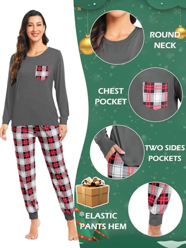 Matching Couple Pajamas Buffalo Plaid Christmas Pjs with Pockets Modal Long Sleeve Sleepwear Deep Grey Plaid L4