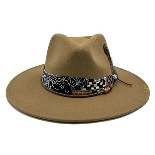 Image of Classic Wide Brim Fedora Hat for Women Man Floppy Panama Hat Western Felt Outdoor Hat with Band Sun Protection