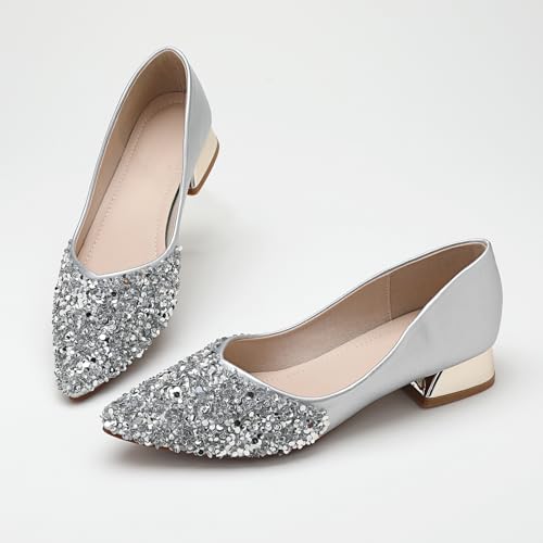 Women's Pumps, Closed Toe Chunky Heels for Women, Comfortable Work Pumps Shoes, Pointed Toe Rhinestones Dress Wedding Pumps for Women2