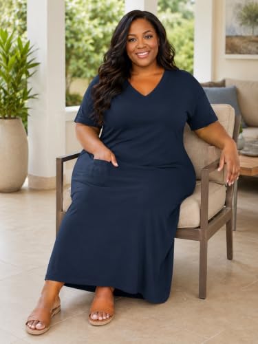 Image of Plus Size Maxi Dress for Women Short Sleeve V Neck Casual Loose Sundress with Pockets