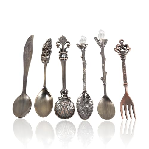 Vintage LöFfel, Vintage Zinklegierung Mini Löffel, 6 Stück Vintage geschnitzte Kaffeelöffel, Antike Teelöffel,Charcuterie Utensil Set, Gabel...