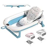 JUPPLIES Bañera Plegable Bebe con Cojin Ergonomico - Bañera Bebe con Patas Plegables Antideslizantes - Bañerita Bebe Portatil y Facil de Guardar - Bañeras para Bebes Banheira (Azul, Con Termómetro)