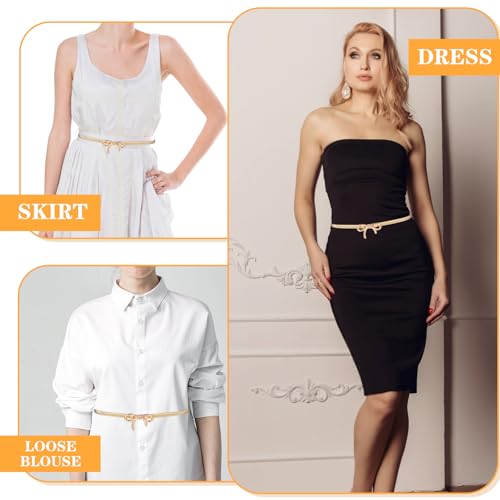 1 Pc Gold Bow Belts for Women, Skinny Belt Waist Slim Gold Wrap Belt, Stretchy Bow Metal Chain Women's Belts for Women Dresses Formal Shirt Jeans2