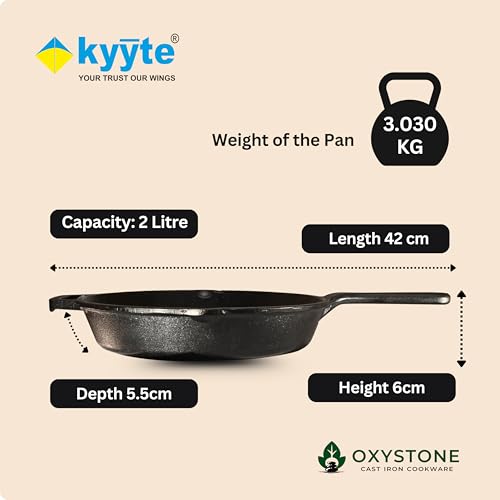 Image of kyyte OxyStone Pre-Seasoned Cast Iron Frying Pan 10 Inch (26 cm) Dia,Pasta,Saute Pan,Shallow Frying,Naturally Nonstick Cast Iron,100% Pure and Toxin-Free,No Chemical Coating,Gas,Induction,OTG Friendly
