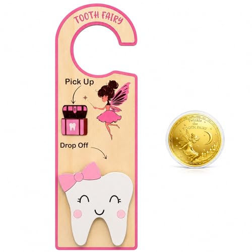 Tooth Fairy Door Hanger with Tooth Case, Wooden Money Holder, Tooth Coins Included, Lost Tooth Gift for Kids (Pink)