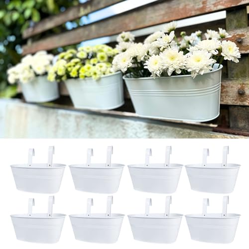 LaLaGreen Outdoor Rail Planter (11.8 in, 8 Pack) White Metal Fence Buckets