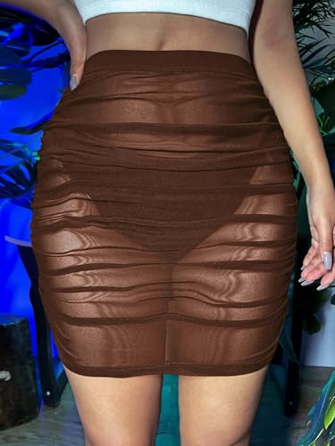 Women's Solid Ruched Sheer Mesh Skirt