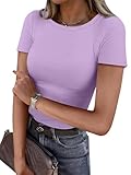 ANRABESS Women Short Sleeve Crewneck Ribbed Knit Slim Fitted Shirts Summer Tops Basic Tee T-Shirt Casual Spring 2025 Clothes Light Purple Large