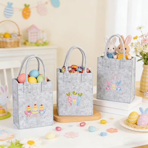 3 Stück Ostern Filztaschen Geschenktaschen,Blumen 36 x 18 cm Ostertasche mit Henkel,Osterkörbchen zum Befüllen,Ostertüten Aufbewahrung,Oster Geschenktüten für Eiersuche Blumen Partyzubehör Dekoration