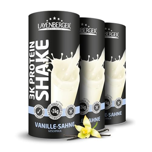 Layenberger 3K Protein Shake - 79% Eiweiß und nur 4,1% Kohlenhydrate bei 7,2 g Zucker, (3x 360 g) - Vanille-Sahne