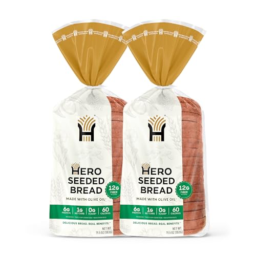 Hero Seeded Bread — Delicious Bread with 1g Net Carb, 0g Sugar, 60 Calories, 12g Fiber per Slice | Tastes Like Regular Bread | Low Carb & Keto Friendly Bread Loaf —15 Slices/Loaf, 2 Loaves
