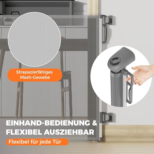 Allyson® Treppenschutzgitter Ausziehbar, Türschutzgitter bis 140 cm Treppengitter für Kinder & Haustiere, Kinderschutzgitter 85 cm Höhe, Haustierschutzgitter Einziehbar, Verstellbar & Stabil – Grau