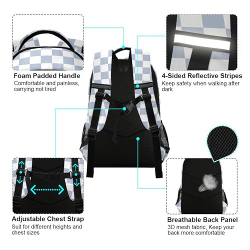 Light Blue White Checkerboard Backpack for Boys Girls Kids Elementary Bookbag School Bag Students Daypack Travel Rucksack4