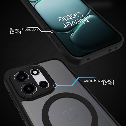 Image of RIGGEAR Shockproof Sleek Hybrid Armor Magnetic Back Cover Case Compatible with MagSafe Accessories for OnePlus Nord 6 5G / Nord CE 6 5G (Smoke Black Matte PC + Black TPU Bumper)