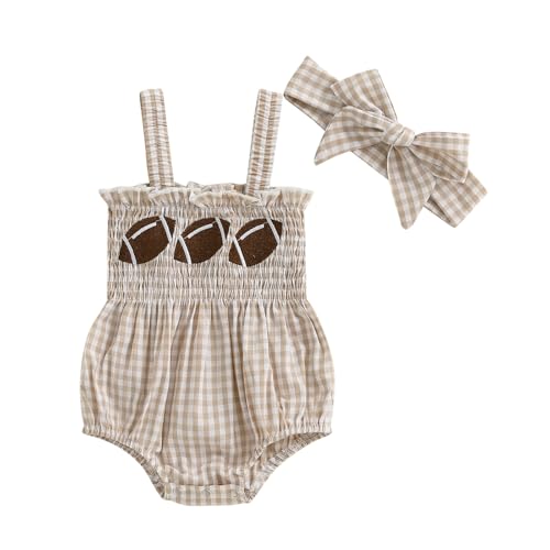 Kuriozud Football Outfits Clothes Baby Girl Rugby Bubble Romper Smocked Onesie Summer Sleeveless Bodysuit Girl Watch Football With Daddy Clothes(Khaki Football 6-12 Months)