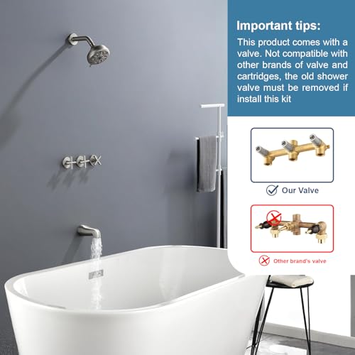 Image of 3 Handles Shower Faucet Set with Tub Spout Bathtub Shower Faucets Combo Set Shower System Complete Tub and Shower Trim Kit Brushed Nickel Shower Fixtures