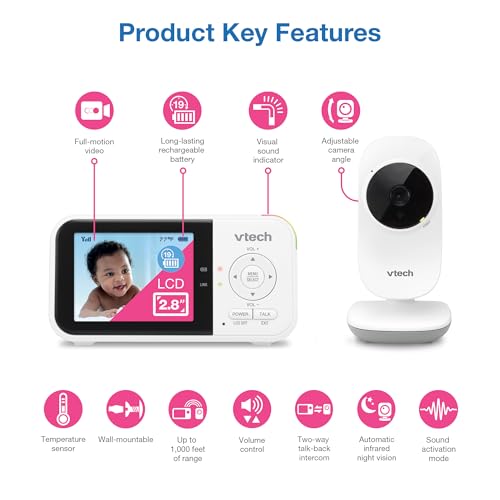 vtech vm819 baby monitor with camera and audio 28 screen portable baby camera night vision 2-way audio temperature sensor and lullabies secure transmission no wifi ideal for babyelderlypet