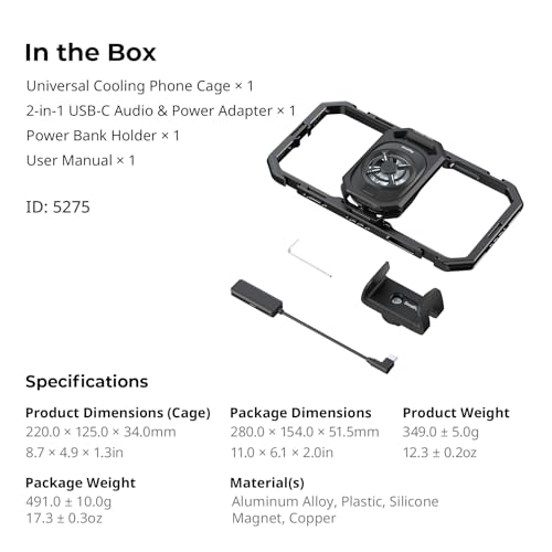 SMALLRIG Universal-Hyper-Chill-Kühlbox für iPhone/Android, mit 15-W-Aktivkühler, 2-in-1-USB-C-Adapter und Powerbank-Halterung, kompatibel mit 2,5-3,1-Zoll-Smartphones – 5275