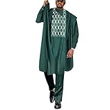 HD African Mens Clothing Nigerian Wedding Attire Embroidery Green Agbada Boubou Kaftan Pants Set 3XL