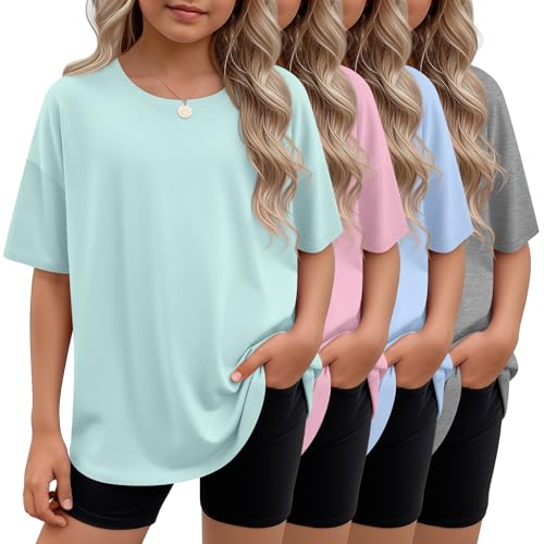 Langyiwee 4 Pack Girls Oversized Shirts Teen Short Sleeve Crew Neck Tops Kids Summer Trendy Loose Fit Shirts 5-14 Years(Light Mixed Gray Light Blue Light Pink Mint Green 13-14 Years)