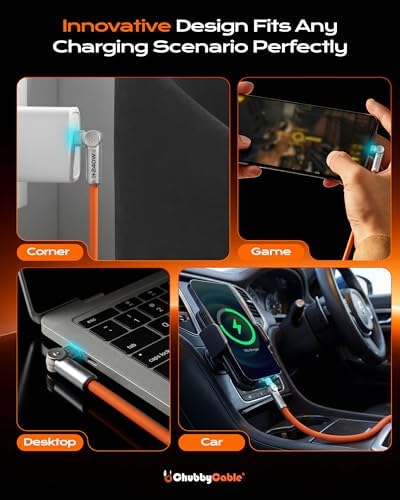 chubbycable Chubby RotateX 240W Dual 180° Rotating Fast Charging Cable with LED Light Soft Silicone USB C Cable Extra Thick Durable Charger Cord, Orange, 6.6ft - 3