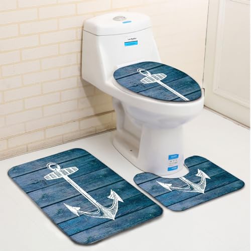 Badezimmerteppich Set 3 Teilig Anker und Blaue Holzmaserung Badematte rutschfest Bad Teppiche, U-förmiger WC-Vorleger, WC-Deckelbezug für Dusche und Toilette Badezimmerdekoration – Bild 4
