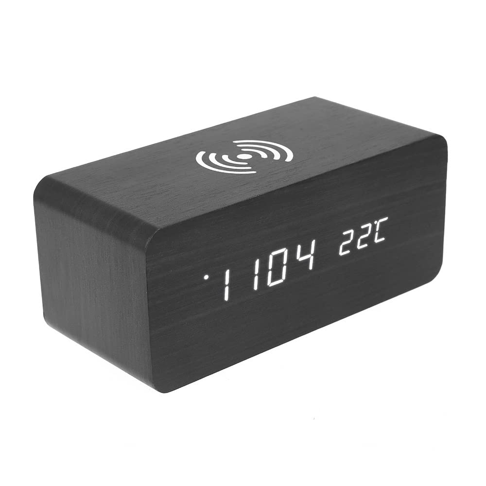 HRWLY Voice Control Wooden Alarm Clock Temperature Date LED Screen Display Digital Clocks